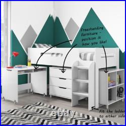 Kids Bunk Bed Cabin Wooden with Storage, Ladder + Desk Unisex Girls Boys (White)