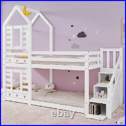 Kids Bunk Bed Double Pine Wooden Bunk Bed With Storage 3FT Single Size Bed Frame