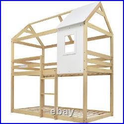 Kids Bunk Bed Frame Treehouse with Roof Pine Wood Canopy Bed 3FT 90x190 cm