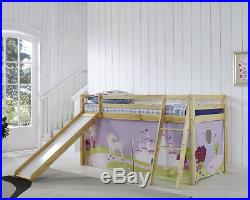 Kids Bunk Bed Mid Sleeper with Slide and Ladder Wooden Cabin Bed Tent