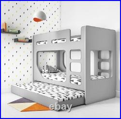 Kids Bunk Bed Unisex Girls Boys in Grey with Pull Out Trundle