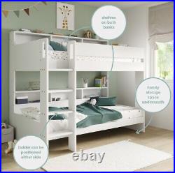 Kids Bunk Bed in White with Built in Stairs and Shelving