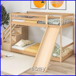 Kids Bunk Bed with Stairs Slide Solid Pine Wood Frame Children Bed with Drawers