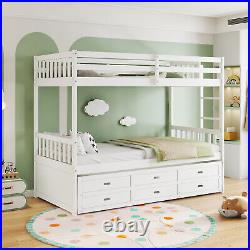 Kids Bunk Beds Single 3 ft Solid Pine Wood Bed Frame with Trundle Bed 3 Drawers