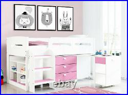 Kids Cabin Bunk Bed & Desk Mid Sleeper 3FT Single Children's Storage Wooden Bed