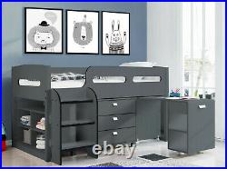 Kids Cabin Bunk Bed & Desk Mid Sleeper 3FT Single Children's Storage Wooden Bed