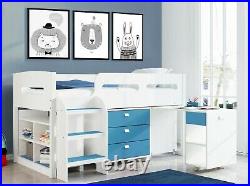 Kids Cabin Bunk Bed Single Mid Sleeper Storage Cabinet & Desk Wooden Bunk Set