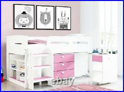 Kids Cabin Bunk Bed Single Mid Sleeper Storage Cabinet & Desk Wooden Bunk Set