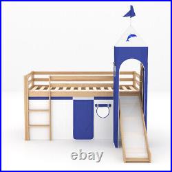 Kids Castle Beds 6.5FT Wooden Bed Frame Cabin Loft Pine Wood With LadderSlide Tent