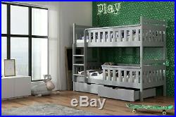 Kids Children Wooden Pine Bunk Bed TEZO with Storage Drawers in Grey 190/90