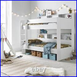 Kids Childs Single White Wood Bunk Bed, Wooden Shelf Storage Bed Frame