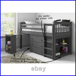 Kids Midsleeper Cabin Bunk Bed Storage & Desk Dark Grey Wooden Modern