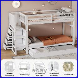 Kids Triple Bunk Bed 3FT Sleeper Pine Wooden Frame with Trundle Bed & Drawers BT