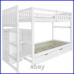 Kids Triple Bunk Bed 3FT Sleeper Pine Wooden Frame with Trundle Bed & Drawers BT