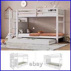 Kids Triple Bunk Bed 3FT Sleeper Pine Wooden Frame with Trundle Bed & Drawers FD