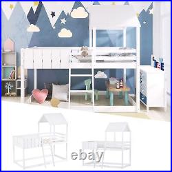 Kids Wooden Cabin Bunk Bed Children Single Loft Tree House Bed with Guard Rail