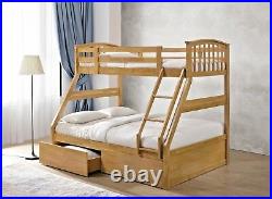 Lavish New Three Sleeper Hard Wooden Bunk Bed In Oak Finish With 2 Drawers