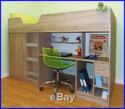 Lifestyle High Cabin Bunk Single Childrens Kids Bed Desk Wardrobe Oak (R140OAK)