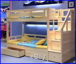 Luxury Single Pine Wooden Bunk Bed With Drawers Underneath Storage Stairs