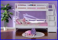 Luxury Single White Wooden Bunk Bed With Staircase Storage Drawers In Stairs