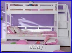 Luxury Single White Wooden Bunk Bed With Trundle Guest Bed With Stairs New