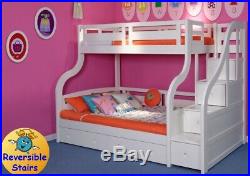 Luxury White Wooden Triple Bunk Bed With Drawers Staircase Solid Pine Wood
