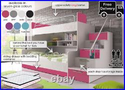 Modern Double Bunk Bed For Bedroom Girl Boy Kids Youth Storage Stairs Mattresses