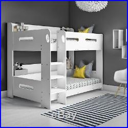Modern Kids White Wooden Bunk Bed + Storage Shelves