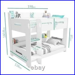 Modern Kids White Wooden Bunk Bed + Storage Shelves Boys Girls Unisex Brand New