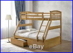 Oak Wooden Triple Bunk Bed With Drawers 3ft & Double Beds Solid Wood