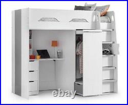Pegasus White Wooden High Sleeper Bunk Bed 3ft Single Storage With Mattress