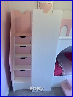Pink Fairy Princess Castle Playhouse Bunk Bed c/w Built In Drawers & Steps
