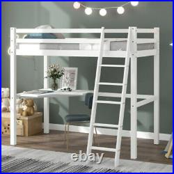 Single 3FT Loft Bed Frame With Desk Set High Sleeper Bunk Bed Teens Wooden Bed