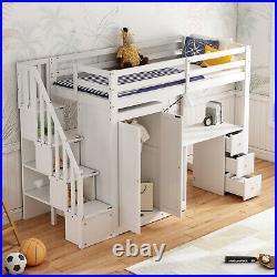 Single Bed Cabin Bed Kids High Sleeper Bed Frame White with Wardrobe and Desk