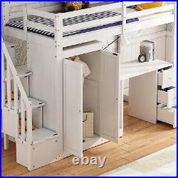 Single Bed Cabin Bed Kids High Sleeper Bed Frame White with Wardrobe and Desk