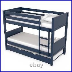 Single Bunk Bed Detachable Navy Blue Wooden with Trundle Bed and Ladder