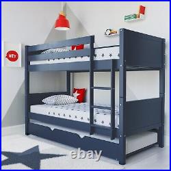 Single Bunk Bed Detachable Navy Blue Wooden with Trundle Bed and Ladder