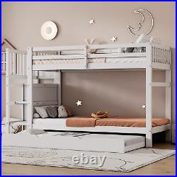 Single Bunk Bed Detachable White Wooden with Trundle Bed Ladder Storage Drawers