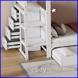 Single Bunk Bed Detachable White Wooden with Trundle Bed Ladder Storage Drawers