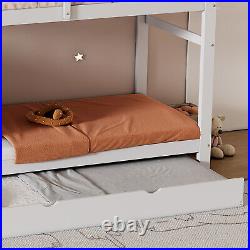 Single Bunk Bed Detachable White Wooden with Trundle Bed Ladder Storage Drawers