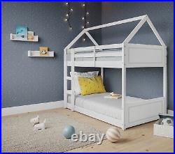 Single Bunk Bed Wooden Frame 3FT Kids Canopy Sleeper Pine House Bed Grey/White