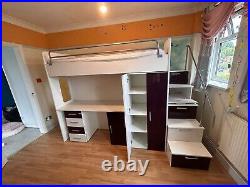 Single Bunk Cabin High Sleeper Bed with Drawers, Desk & Wardrobe purple & white