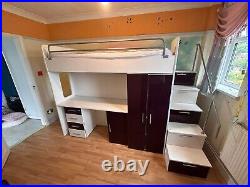 Single Bunk Cabin High Sleeper Bed with Drawers, Desk & Wardrobe purple & white