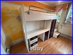 Single Bunk Cabin High Sleeper Bed with Drawers, Desk & Wardrobe purple & white