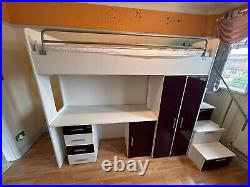 Single Bunk Cabin High Sleeper Bed with Drawers, Desk & Wardrobe purple & white