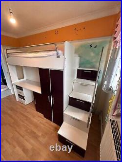 Single Bunk Cabin High Sleeper Bed with Drawers, Desk & Wardrobe purple & white