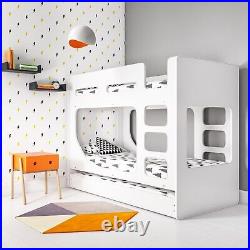 Single Wooden Bunk Bed White Kids with Trundle Bed and Two Ladders Modern