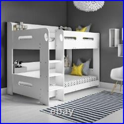 Sky White Wooden Bunk Bed with Ladder and Built in Shelves White For Kids