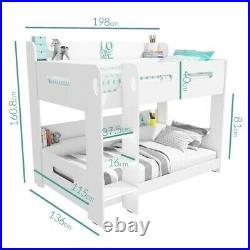 Sky White Wooden Bunk Bed with Ladder and Built in Shelves White For Kids