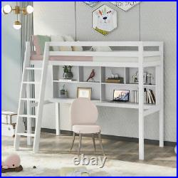 Solid Wood High Sleeper Loft Bunk Bed with Desk and Shelves 3FT Single Bed White